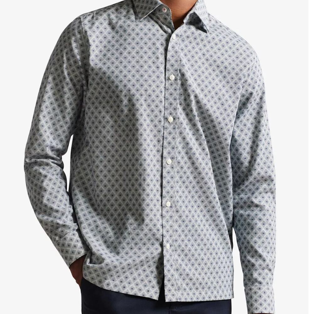 TED BAKER Sanlon Long Sleeve Diamond-print Fitted White 100% Cotton Shirt L/4